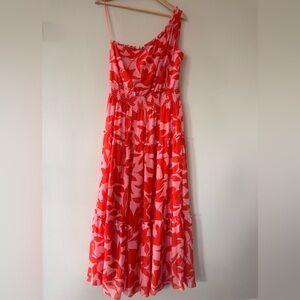 Taylor One Shoulder Floral Tiered Maxi Dress Coral Pink Size 12 Smocked